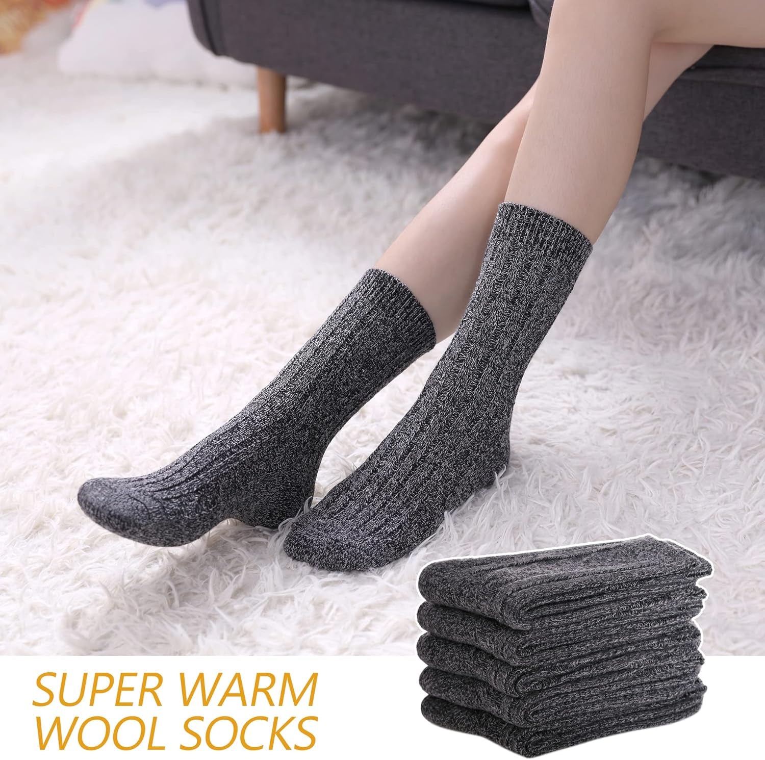 Womens 5 Pairs Soft Thick Comfort Casual Cotton Warm Wool Crew Winter Socks